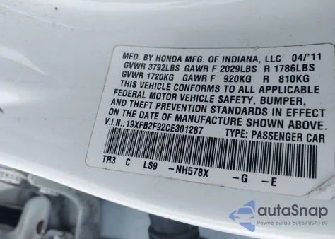 2012 Honda Civic Ex-L из США, поврежденный, VIN 19XFB2F92CE301287